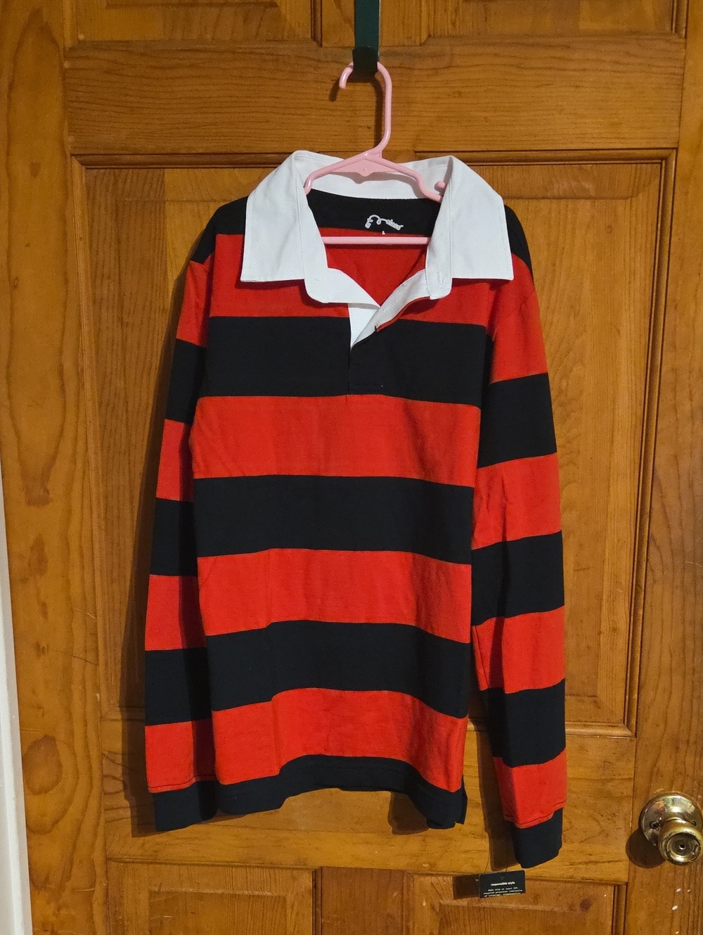 art class Boys Red and Black Striped Crewneck Rugby Sweater with White Collar